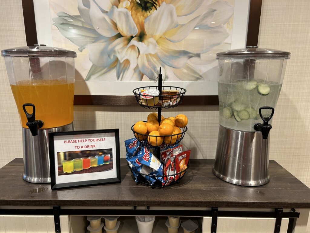 A close-up of the hydration station with chips and oranges as a gentle reminder to our residents to eat and drink through the day at Traditions at Hunter Station