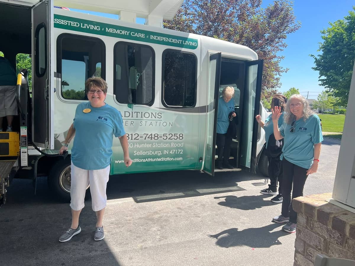 Residents boarding the community shuttle for an outing at Traditions at Hunter Station